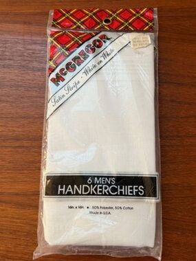 NEW Vintage McGregor (6) Mens Handkerchiefs White Satin Stripe NOS - Caldor Tag!
